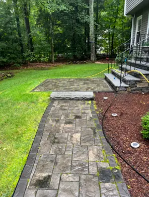 Before cleaning: slab paver walkway with moss and weeds in the joints leading to stone steps in Connecticut