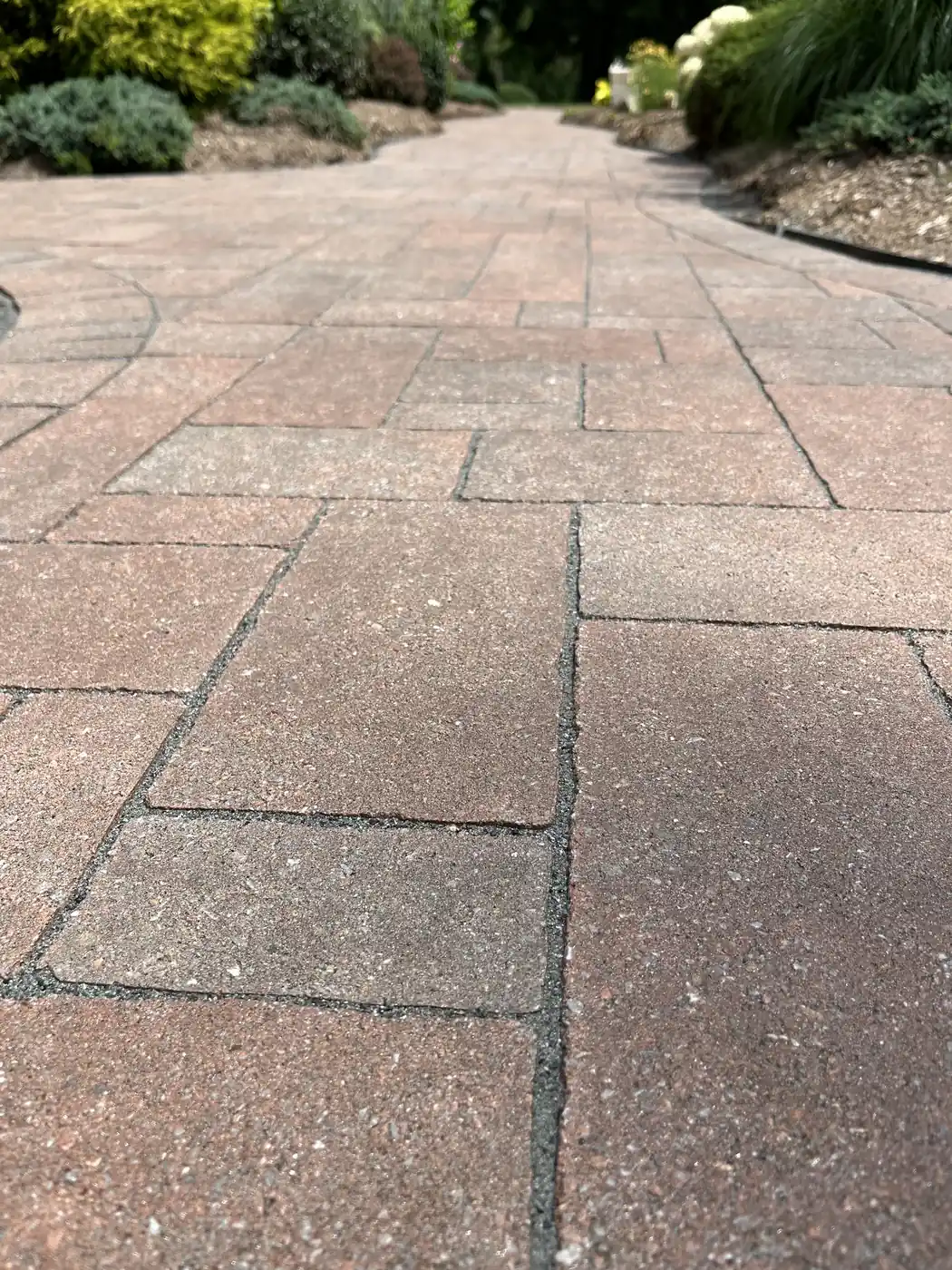 Close-up of rose-toned pavers with new polymeric sand packed in the joints in South Windsor, CT