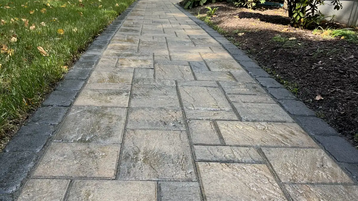 Slab walkway up close Low-angle view of a cleaned slab paver walkway with a charcoal border in Avon, CT