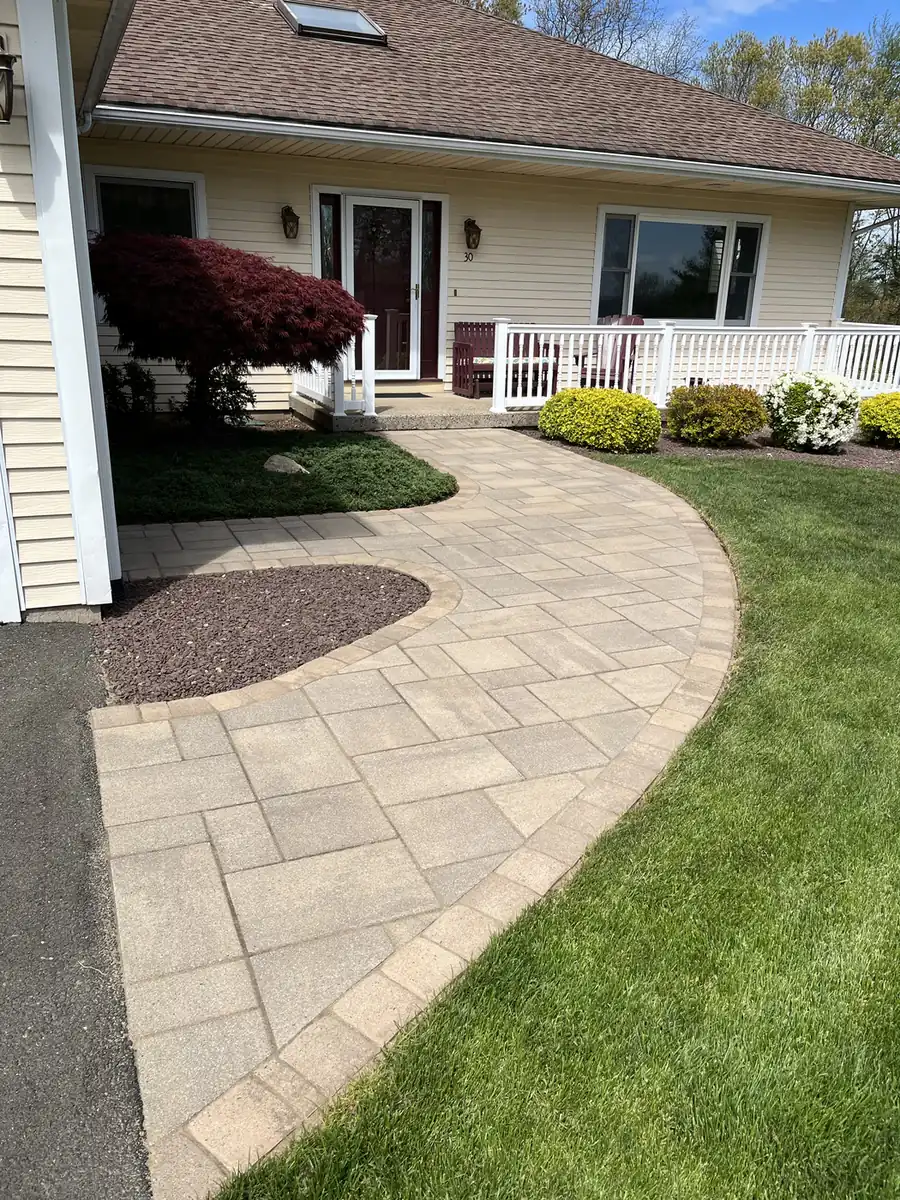 Walkway to porch, Plainville Slab paver walkway sweeping past a Japanese maple to a front porch in Plainville, CT